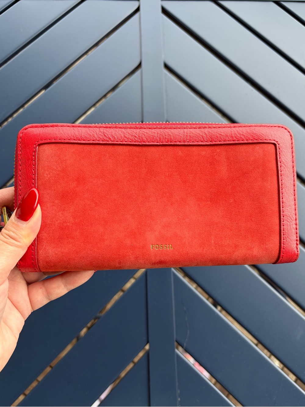 Fossil Red Leather Zip Around Wristlet Wallet Gold Hardware
